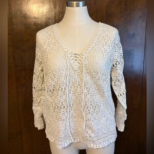Sezane Crochet V-Neck Lightweight Sweater